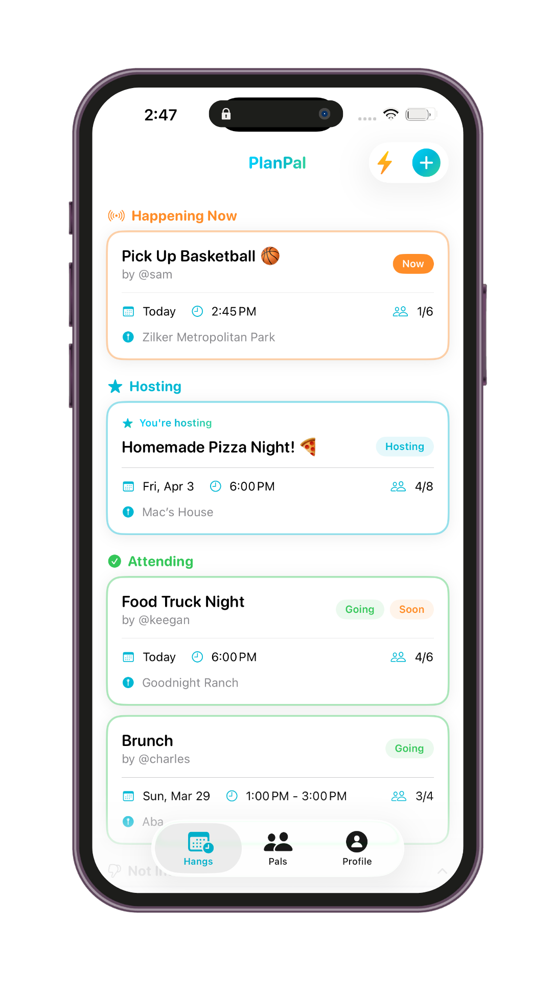 PlanPal app showing your hangs feed